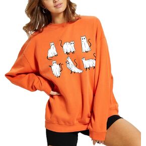 Halloween Pumpkin Ghost Cat Sweatshirt Women Fall Long Sleeve Graphic Print Crewneck Pullover Cute Casual Loose Top