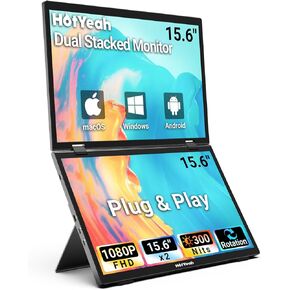 Triple Laptop Screen Extender, 15.6'' Dual Stacked Monitor (Windows/MAC), USB-C HDMI 1080P IPS Extended Monitor, Plug & Play, Folding Monitor Extender w/Kickstand & 180°Rotation