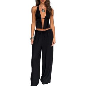 Women Lounge Pants Sets 2 Pieces Outfits Halter Neck Backless Sleeveless Tank Top Wide Leg Pants Suit Streetwear