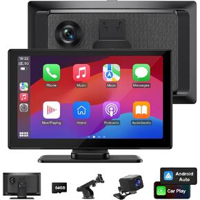 Portable Carplay Screen for Car, VUDDIG 4K Dash Cam, Wireless Carplay Screen & Android Auto, 9" Touchscreen Car Audio Receivers with 1080P Backup Camera, Bluetooth, AirPlay, GPS Navigation