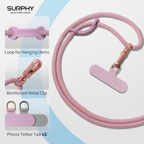 SURPHY Phone Lanyard Crossbody, Adjustable Cell Phone Lanyard with 2 Pack Phone Tether Tab, Two-Color Braided Phone Strap with Carabiner, Pink & Purple in Saudi Arabia