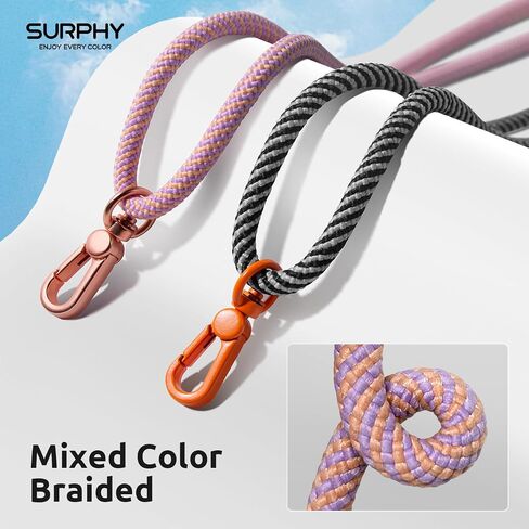 SURPHY Phone Lanyard Crossbody, Adjustable Cell Phone Lanyard with 2 Pack Phone Tether Tab, Two-Color Braided Phone Strap with Carabiner, Pink & Purple in Saudi Arabia
