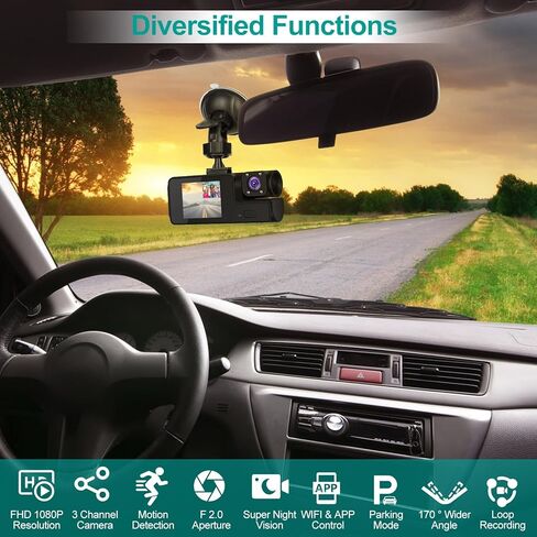كاميرا داش كام أمامية وخلفية، 1080 بيكسل فل اتش دي واي فاي لداشات السيارات مع التطبيق، كاميرا داش ثلاثية الاتجاهات مع رؤية ليلية، WDR، زاوية واسعة 170 درجة، تسجيل حلقي، كشف الحركة، دعم 128 جيجابايت كحد أقصى in Kuwait