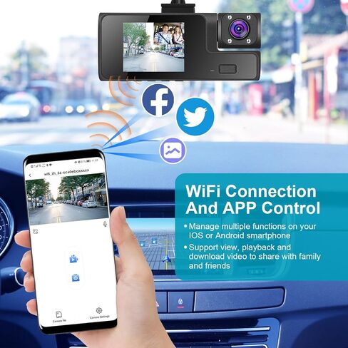 كاميرا داش كام أمامية وخلفية، 1080 بيكسل فل اتش دي واي فاي لداشات السيارات مع التطبيق، كاميرا داش ثلاثية الاتجاهات مع رؤية ليلية، WDR، زاوية واسعة 170 درجة، تسجيل حلقي، كشف الحركة، دعم 128 جيجابايت كحد أقصى in Kuwait