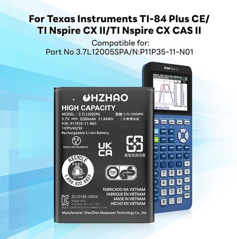 بطارية بديلة TI 84 Plus CE بقدرة 3200 مللي أمبير في الساعة، [𝟮𝟬𝟮𝟰 𝗡𝗲𝘄 𝗨𝗽𝗴𝗿𝗮𝗱𝗲𝗱] بطارية 3.7 فولت لبطارية Texas Instruments TI-84 Plus CE - الجزء رقم 3.7L1200SPA، P11P35-11- N01 in Kuwait
