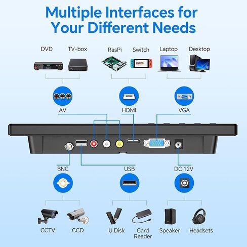 شاشة أمان Eyoyo مقاس 10 بوصة بدقة 1366 × 768 TFT LCD، شاشة HDMI صغيرة تدعم مدخل HDMI VGA AV BNC USB ومكبرات صوت مدمجة وجهاز تحكم عن بعد للكمبيوتر الشخصي وكاميرا CCTV X-Box in Kuwait