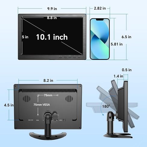 شاشة أمان Eyoyo مقاس 10 بوصة بدقة 1366 × 768 TFT LCD، شاشة HDMI صغيرة تدعم مدخل HDMI VGA AV BNC USB ومكبرات صوت مدمجة وجهاز تحكم عن بعد للكمبيوتر الشخصي وكاميرا CCTV X-Box in Kuwait
