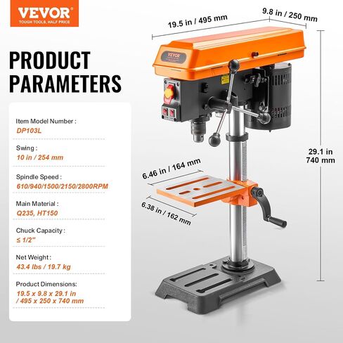مكبس مثقاب VEVOR 10 بوصات، محرك حثي 6.2 أمبير، آلة حفر سطح الطاولة مع سرعة قابلة للتعديل 610/940 / 1500/2150 / 2800 دورة في الدقيقة، طاولة عمل قابلة للإمالة 0-45 درجة، ضوء عمل LED، للمعادن الخشبية in Saudi Arabia