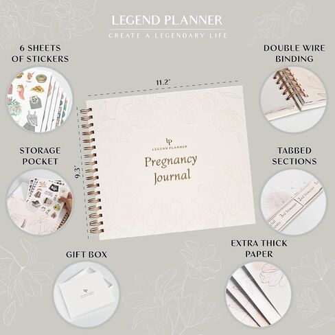 مجلة الحمل الأسطورية وكتاب الذاكرة - مجلة تذكارية لتوثيق ذكريات الحمل والأمهات لأول مرة - مخطط الطفل لتتبع الحمل - غلاف فني، 11.2 بوصة × 9.3 بوصة (أبيض) in Kuwait