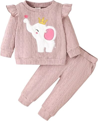 Baby Girl Clothes Outfits Fall Winter Ruffle Long Sleeves Cute Elephant Sweatshirt Pants Set 3-24 Months in Saudi Arabia
