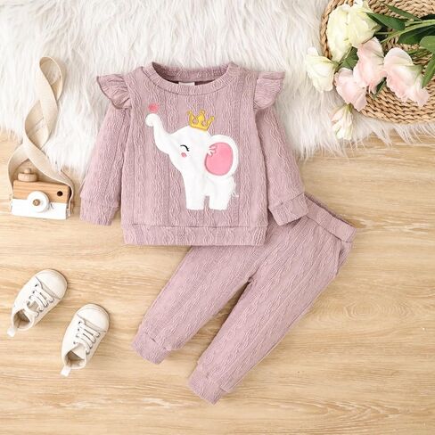 Baby Girl Clothes Outfits Fall Winter Ruffle Long Sleeves Cute Elephant Sweatshirt Pants Set 3-24 Months in Saudi Arabia