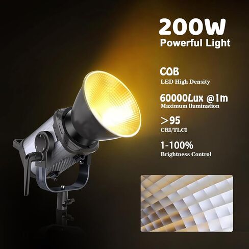 JYJZPB 100W COB LED ضوء فيديو مع جهاز تحكم عن بعد، جميع المعادن ثنائية اللون COB إضاءة إخراج مستمرة مع 30000Lux/1m 3200K-5600K CRI/TLCI97+ 12 تأثيرًا لتسجيل الفيديو in Kuwait