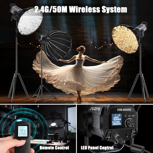JYJZPB 100W COB LED ضوء فيديو مع جهاز تحكم عن بعد، جميع المعادن ثنائية اللون COB إضاءة إخراج مستمرة مع 30000Lux/1m 3200K-5600K CRI/TLCI97+ 12 تأثيرًا لتسجيل الفيديو in Kuwait