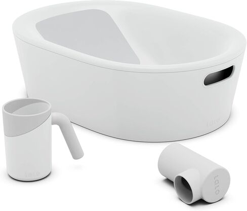 Lalo Bathtime Starter Kit - Modern Baby Bathtub, Rinse Cup & Spout Cover Bundle, Safe & Clean Design for Newborns, Minimalist Design, Easy to Clean, 25.3 x 18 x 7.7 in, 10 lb - Coconut in Saudi Arabia