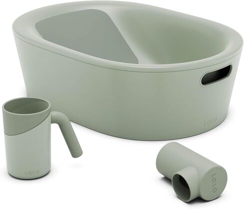 Lalo Bathtime Starter Kit - Modern Baby Bathtub, Rinse Cup & Spout Cover Bundle, Safe & Clean Design for Newborns, Minimalist Design, Easy to Clean, 25.3 x 18 x 7.7 in, 10 lb - Coconut in Saudi Arabia