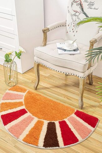 Boho Bathroom Rugs Half Circle Bath Mat Cute Bohemian Bath Rug for Bedroom Small Carpet Home Decor Non-Slip Semi Round Shower Rug Funny Washable Indoor Floor Door Mat Sun Retro 16x30inch in Saudi Arabia