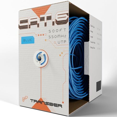 كابل إيثرنت CAT6 بطول 500 قدم UTP صلب يصل إلى 10 جيجابت في الثانية و550 ميجاهرتز 23AWG 4x2 زوج من شبكة الكابلات السائبة PoE++/4PPoE LAN سلك صندوق سحب سهل بطول 500 قدم (أزرق) in Kuwait