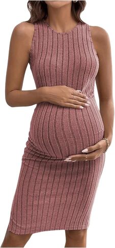 MakeMeChic Women's Maternity Mini Dress Sleeveless Round Neck Knitted Bodycon Pregnancy Dress in Saudi Arabia