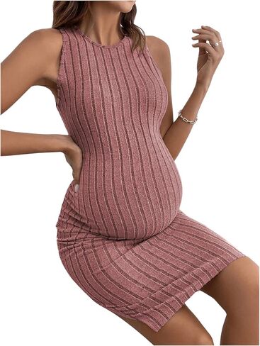 MakeMeChic Women's Maternity Mini Dress Sleeveless Round Neck Knitted Bodycon Pregnancy Dress in Saudi Arabia