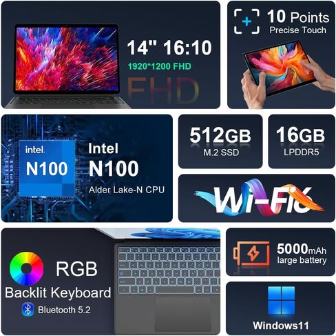 كمبيوتر لوحي T40 2in1 يعمل باللمس Intel N100 حتى 3.40 جيجا هرتز 14 بوصة FHD مع قلم 16 جيجا DDR5 + 512 جيجا SSD RGB لوحة مفاتيح بإضاءة خلفية واي فاي 6 ويندوز 11 in Kuwait