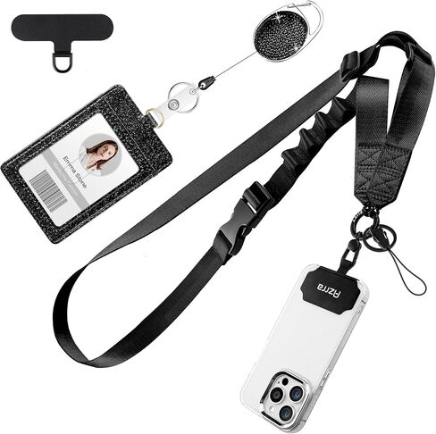 Azrra Adjustable Crossbody Cell Phone Lanyard for iPhone with Phone Tethers & Retractable ID Badge Card Holder (Bling Black) in Kuwait