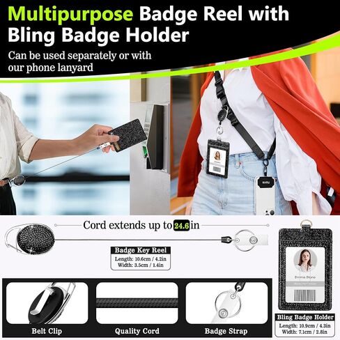 Azrra Adjustable Crossbody Cell Phone Lanyard for iPhone with Phone Tethers & Retractable ID Badge Card Holder (Bling Black) in Kuwait