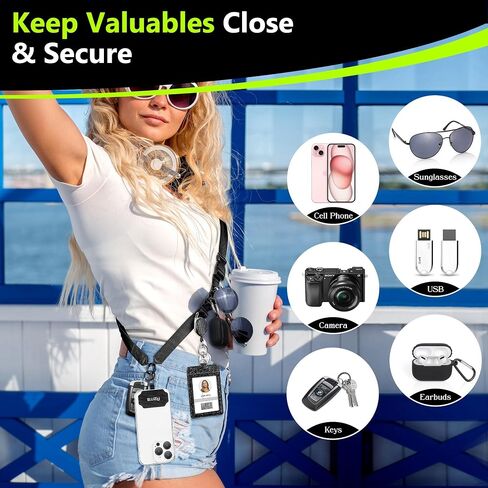 Azrra Adjustable Crossbody Cell Phone Lanyard for iPhone with Phone Tethers & Retractable ID Badge Card Holder (Bling Black) in Kuwait