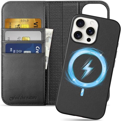 حافظة محفظة SHIELDON لهاتف iPhone 16 Pro Max 6.9 بوصة، جلد طبيعي قابل للفصل وشحن لاسلكي ومسند مغناطيسي RFID وفتحات بطاقات مقاومة للصدمات متوافقة مع iPhone 16 Pro Max 5G - أسود نابا in Saudi Arabia