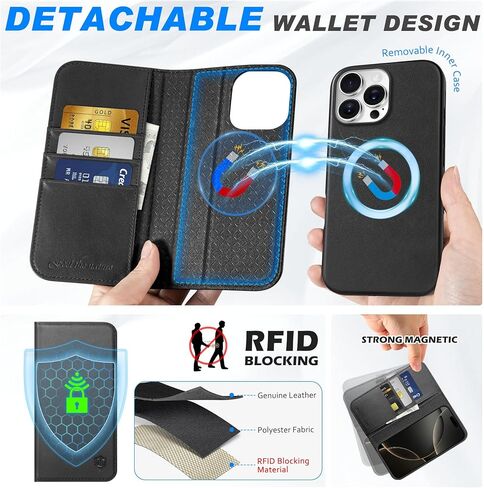 حافظة محفظة SHIELDON لهاتف iPhone 16 Pro Max 6.9 بوصة، جلد طبيعي قابل للفصل وشحن لاسلكي ومسند مغناطيسي RFID وفتحات بطاقات مقاومة للصدمات متوافقة مع iPhone 16 Pro Max 5G - أسود نابا in Saudi Arabia