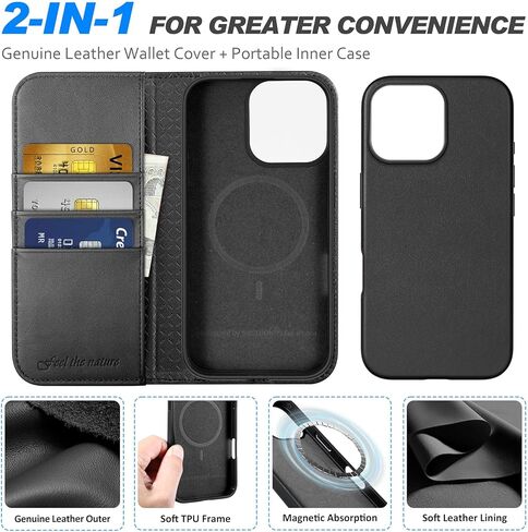 حافظة محفظة SHIELDON لهاتف iPhone 16 Pro Max 6.9 بوصة، جلد طبيعي قابل للفصل وشحن لاسلكي ومسند مغناطيسي RFID وفتحات بطاقات مقاومة للصدمات متوافقة مع iPhone 16 Pro Max 5G - أسود نابا in Saudi Arabia
