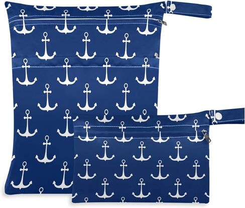 visesunny Classic Anchor Dark Blue 2Pcs Wet Bag with Zippered Pockets Washable Reusable Roomy for Travel,Beach,Pool,Daycare,Stroller,Diapers,Dirty Gym Clothes, Wet Swimsuits, Toiletries in Kuwait