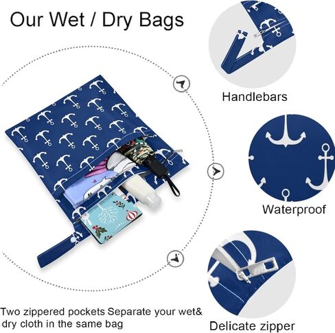 visesunny Classic Anchor Dark Blue 2Pcs Wet Bag with Zippered Pockets Washable Reusable Roomy for Travel,Beach,Pool,Daycare,Stroller,Diapers,Dirty Gym Clothes, Wet Swimsuits, Toiletries in Kuwait