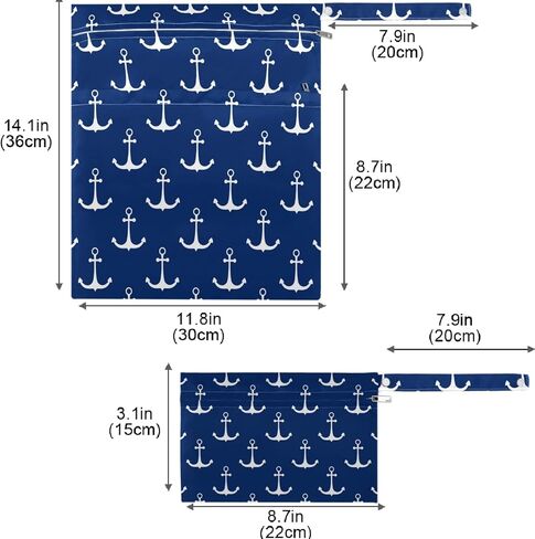 visesunny Classic Anchor Dark Blue 2Pcs Wet Bag with Zippered Pockets Washable Reusable Roomy for Travel,Beach,Pool,Daycare,Stroller,Diapers,Dirty Gym Clothes, Wet Swimsuits, Toiletries in Kuwait