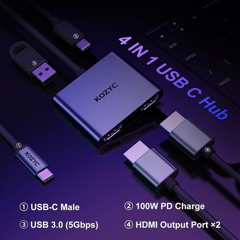 محول USB C إلى HDMI مزدوج 4K@30 هرتز، محول USB C Hub متعدد المنافذ مع 2xHDMI، USB 3.0، 100W PD، يدعم شاشة USB C إلى HDMI ممتدة (MST تدعم Windows فقط)، أرجواني داكن in Saudi Arabia