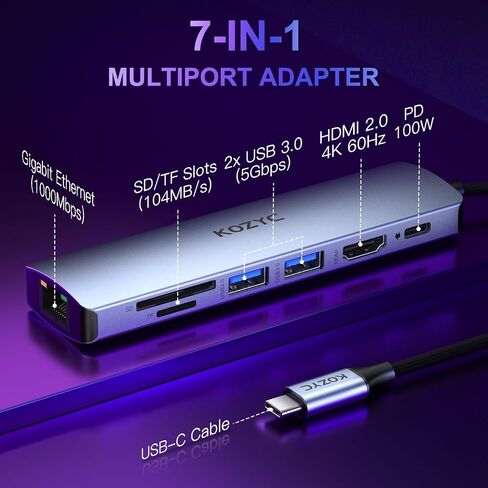 USB C to Dual HDMI Adapter 4K@30Hz, USB C Hub Multiport Adapter with 2xHDMI, USB 3.0, 100W PD, Support USB C to HDMI Splitter Extended Display (MST Only Support Windows), Dark Purple in Saudi Arabia