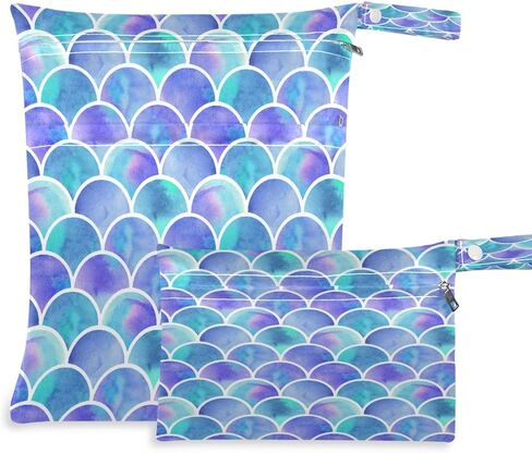 مجموعة أكياس AUUXVA الرطبة والجافة بمقياس حورية البحر باللون الأزرق والأرجواني، حقيبة حفاضات قماشية مبللة مقاومة للماء وقابلة لإعادة الاستخدام مع جيبين بسحّاب للسفر على الشاطئ وملابس السباحة المبللة، قطعتان in Kuwait