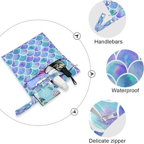 مجموعة أكياس AUUXVA الرطبة والجافة بمقياس حورية البحر باللون الأزرق والأرجواني، حقيبة حفاضات قماشية مبللة مقاومة للماء وقابلة لإعادة الاستخدام مع جيبين بسحّاب للسفر على الشاطئ وملابس السباحة المبللة، قطعتان in Kuwait