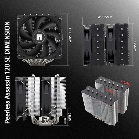 Peerless Assassin 120 SE CPU Air Cooler, 6 Heat Pipes, Dual 120mm TL-C12C PWM Fans, Aluminum Heatsink Cover, AGHP Technology, for AMD AM4 AM5/Intel LGA 1700/1150/1151/1200（PA120SE） in Saudi Arabia
