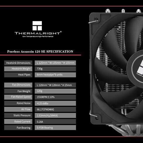 Peerless Assassin 120 SE CPU Air Cooler, 6 Heat Pipes, Dual 120mm TL-C12C PWM Fans, Aluminum Heatsink Cover, AGHP Technology, for AMD AM4 AM5/Intel LGA 1700/1150/1151/1200（PA120SE） in Saudi Arabia