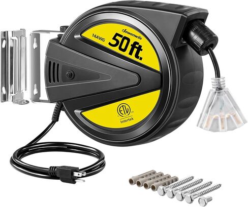 بكرة سلك تمديد من DEWENWILS، سلك طاقة عالي التحمل بطول 50 قدمًا، 14/3C SJTW، بكرة سلك قابلة للسحب، قاطع دائرة 13 أمبير، بكرة سلك تمديد قابلة للسحب على السقف/الجدار، مدرجة في قائمة ETL in Kuwait