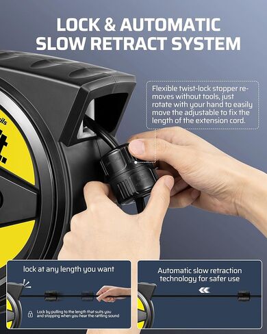 بكرة سلك تمديد من DEWENWILS، سلك طاقة عالي التحمل بطول 50 قدمًا، 14/3C SJTW، بكرة سلك قابلة للسحب، قاطع دائرة 13 أمبير، بكرة سلك تمديد قابلة للسحب على السقف/الجدار، مدرجة في قائمة ETL in Kuwait