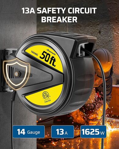 بكرة سلك تمديد من DEWENWILS، سلك طاقة عالي التحمل بطول 50 قدمًا، 14/3C SJTW، بكرة سلك قابلة للسحب، قاطع دائرة 13 أمبير، بكرة سلك تمديد قابلة للسحب على السقف/الجدار، مدرجة في قائمة ETL in Kuwait