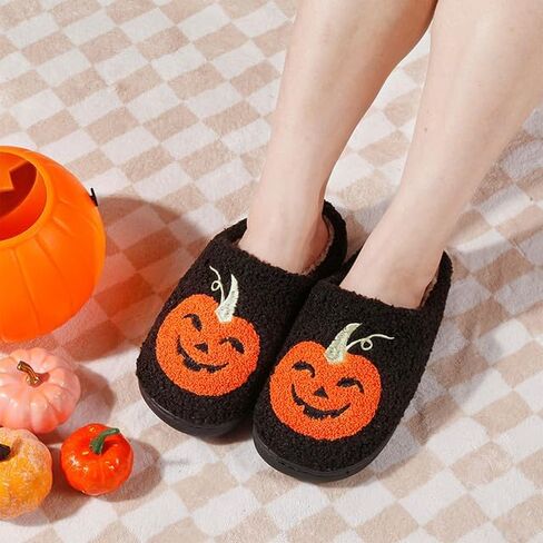 Menore Halloween Pumpkin Slippers for Womens Mens Plush Warm Spooky Lantern Pumpkin Slippers Fuzzy House Slippers Halloween Gifts For Girls Women Girlfriend in Saudi Arabia