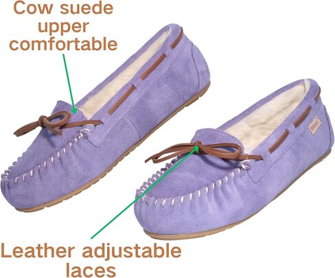 Women's Moccasin Slippers Ladies Genuine Suede Slippers Moccasins Slip On Loafer Shoes Warm Faux Fur Lining Lace-Up Cozy Bow Indoor & Outdoor in Saudi Arabia