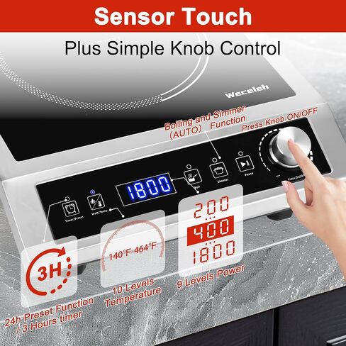 Commercial Induction Cooktop,Electric Cooktop Stove,Durable Countertop Burner,10 Temp Levels,Sensor Touch & Knob Control, Boil and Simmer, 3-Hour Timer & 24 Hours Preset,Heavy Duty,120V/1800W in Saudi Arabia