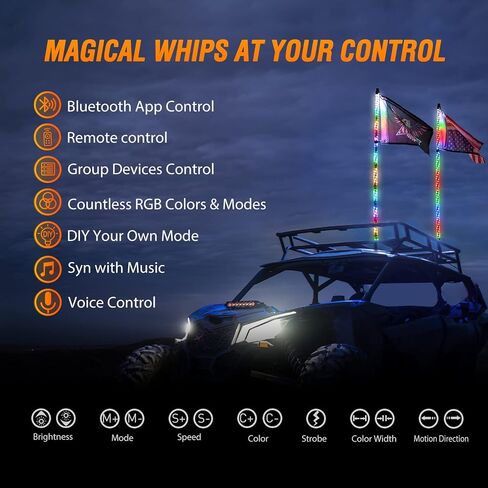 Nilight 2PCS 4FT RGB LED Whip Light and 8 PCS RGB Rock Lights Combo, Remote & App Control w/DIY Chasing Patterns Stop Turn Reverse Light Safety Antenna Lighted Whips for ATV UTV, 2 Year Warranty in Saudi Arabia