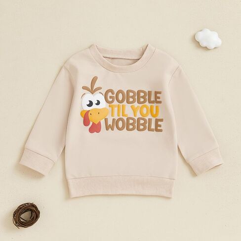 Karuedoo Toddler Baby Boy Girl Thanksgiving Outfit Gobble Til You Wobble Turkey Sweatshirt Crewneck Long Sleeve Pullover Top in Saudi Arabia