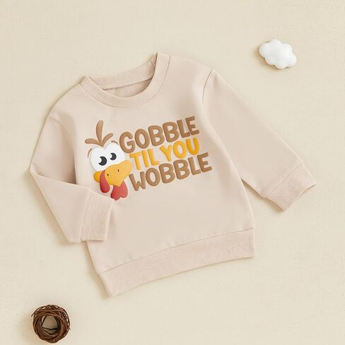 Karuedoo Toddler Baby Boy Girl Thanksgiving Outfit Gobble Til You Wobble Turkey Sweatshirt Crewneck Long Sleeve Pullover Top in Saudi Arabia