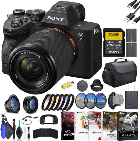 كاميرا Sony a7 IV بدون مرآة مع عدسة 28-70 مم ILCE-7M4K/B، وبطاقة 64 جيجابايت، ومجموعة مرشح، وعدسة زاوية واسعة، وعدسة مقربة، ومجموعة مرشح الألوان، وغطاء العدسة، وحقيبة، والمزيد in Saudi Arabia