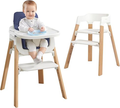 كراسي عالية خشبية للرضع والأطفال الصغار، كرسي أكل للأطفال مع صينية ووسادة قابلة للإزالة ودواسة من 4 مستويات وحزام مبطن من 5 نقاط، كرسي مرتفع ينمو مع الطفل لتناول الطعام والدراسة وأداة الخطوات (رمادي) in Kuwait